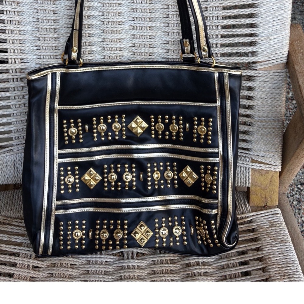 Capri‎ by Kavak Black Gold Studded Faux Leather Shoulder Bag Tote Medium NWT